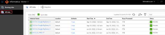 Figure 2: A list showing the jobs executed with Instance Name, Location, Subtasks, Start Time, End Time, Rows Processed and Status in Data Loader.