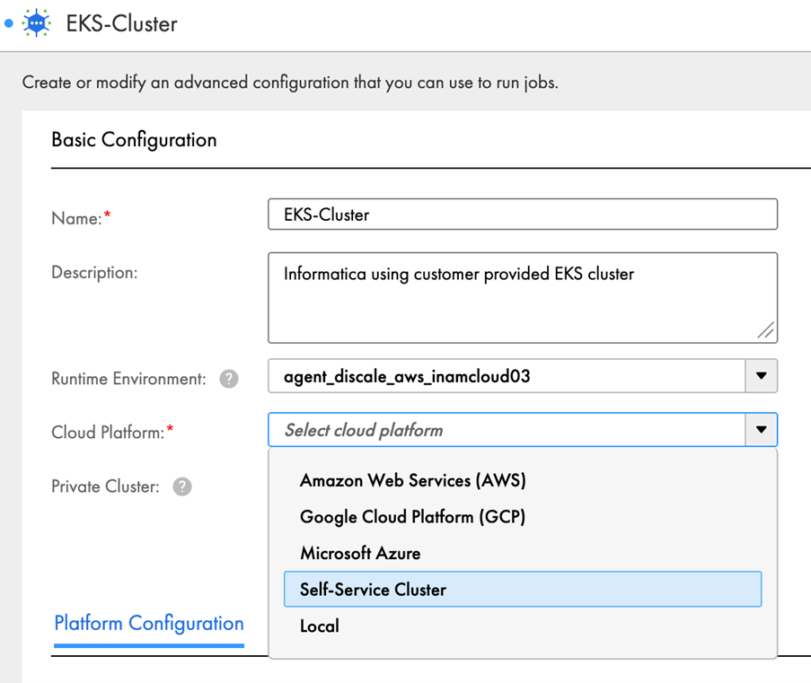 Figure 3: An example of where to find the self-service cluster option on the drop-down menu under the cloud platform menu.