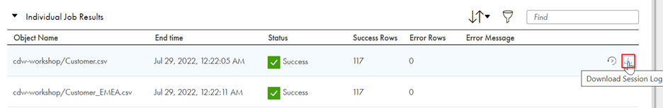 Figure 4: A list showing Individual Job Results with the option to download session logs or restart the job execution.