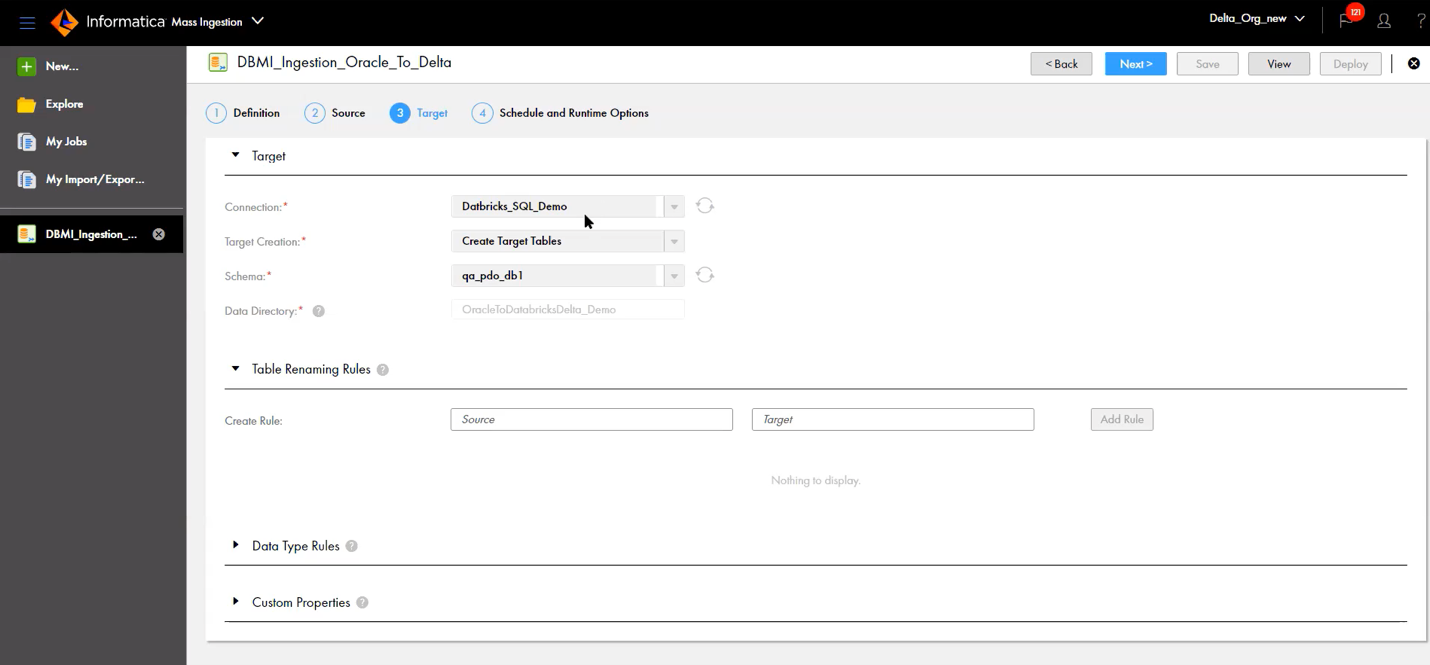 Figure 2: This figure shows step 3 of the Database Mass-Ingestion wizard with Databricks SQL as target. 