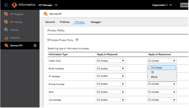 Informatica’s API management UI displaying how to enforce master data privacy policies in APIs