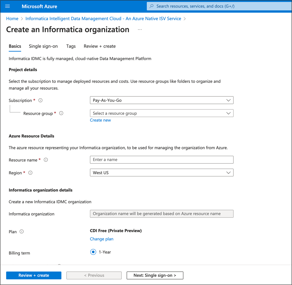 Creating an IDMC organization through the Azure Portal.